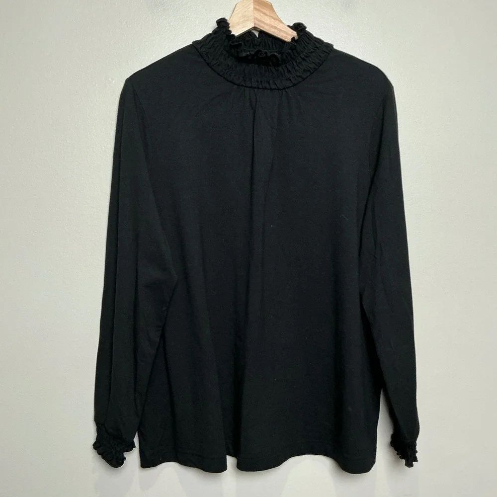 J. Jill Mock Neck Top Womens 1X Black Smocked Ruffle Pima Cotton Modal NWT